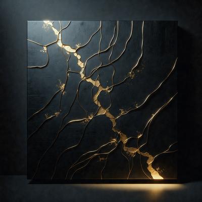 The primary subject of the image is a square piece of artwork featuring a black background with gold accents. The artwork appears to be a combination of a painting and a sculpture, with a gold-colored design that resembles a tree. The setting is a dark room, which highlights the artwork and its intricate details. The visual style is a blend of traditional painting and modern sculpture, creating a unique and captivating piece of art. The colors and mood of the image are predominantly dark